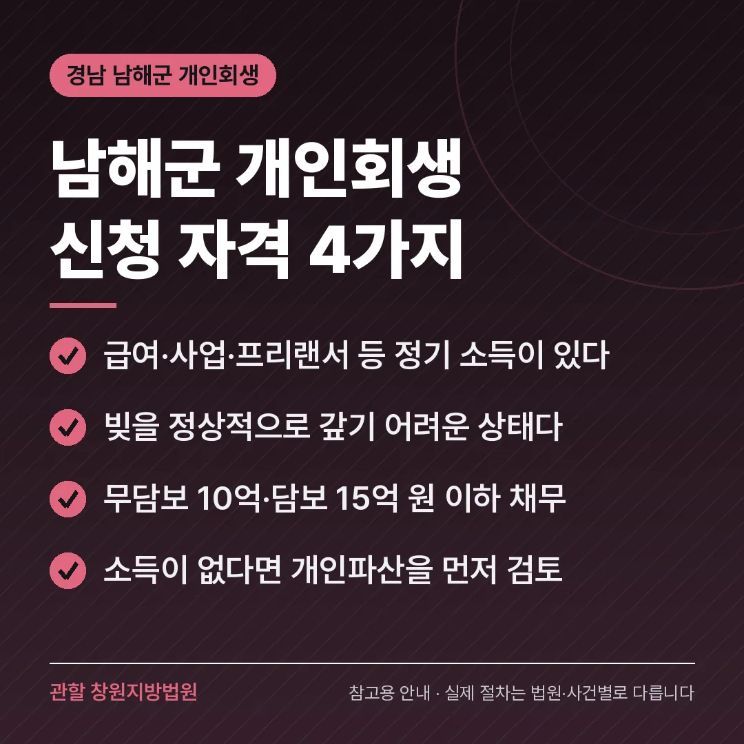 경남 남해군 개인회생 신청 자격 4가지