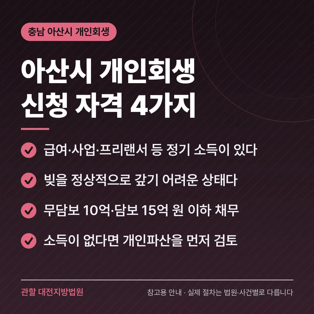 충남 아산시 개인회생 신청 자격 4가지
